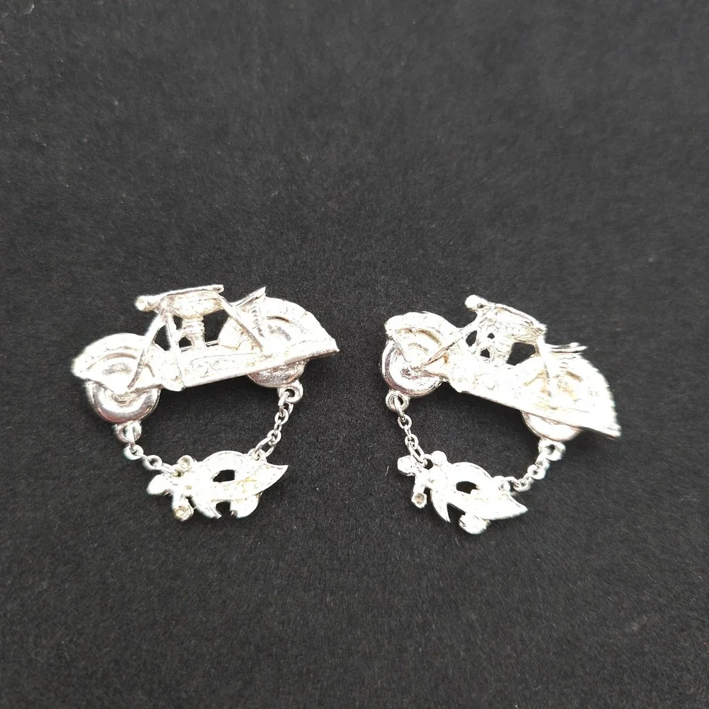 ORA Motorcycle Brooch Pins 2pc Silver Tone Clear Rhinestone Biker Mason Sword